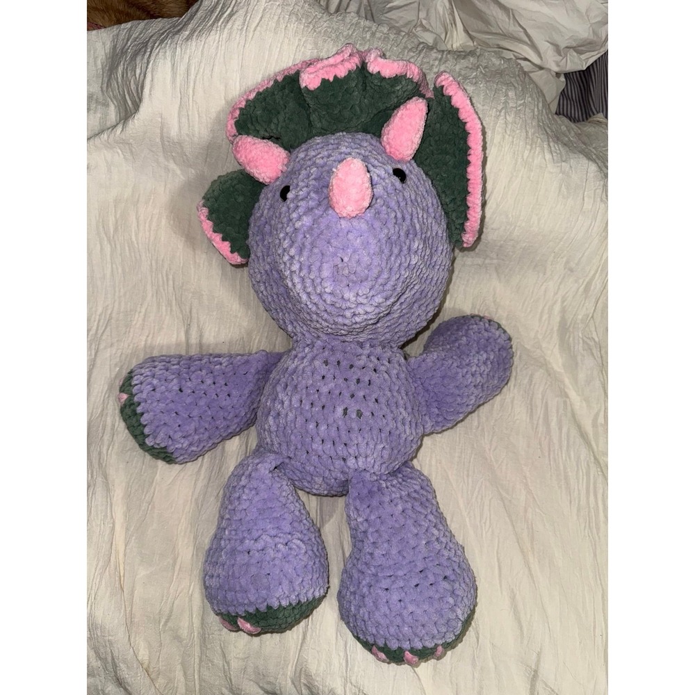 One of a kind handmade crochet triceratops plush purple, green and gray 21"